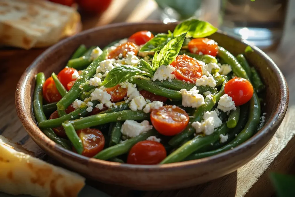 A Mediterranean-style dish with green beans, cherry tomatoes, feta cheese, and olive oil