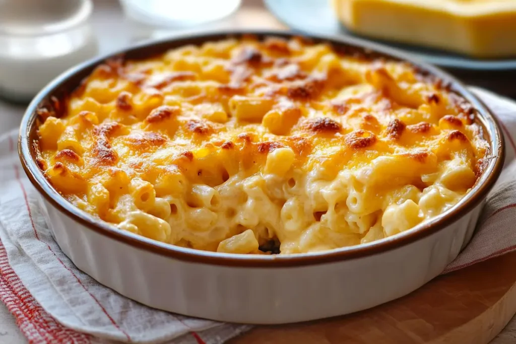 Old fashioned baked macaroni and cheese in a ceramic dish with golden, bubbly cheese topping.