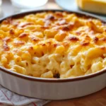 Old fashioned baked macaroni and cheese in a ceramic dish with golden, bubbly cheese topping.