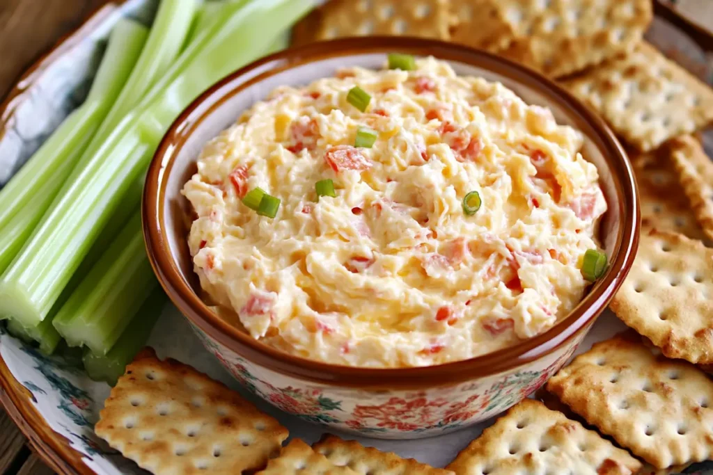 A bowl of old fashioned pimento cheese surrounded by celery sticks and crackers, perfect for snacking or appetizers.