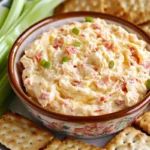 A bowl of old fashioned pimento cheese surrounded by celery sticks and crackers, perfect for snacking or appetizers.