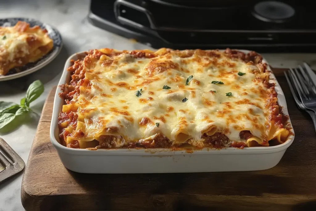 Freshly baked Barilla lasagna in a white dish with melted cheese and basil garnish.