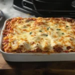 Freshly baked Barilla lasagna in a white dish with melted cheese and basil garnish.