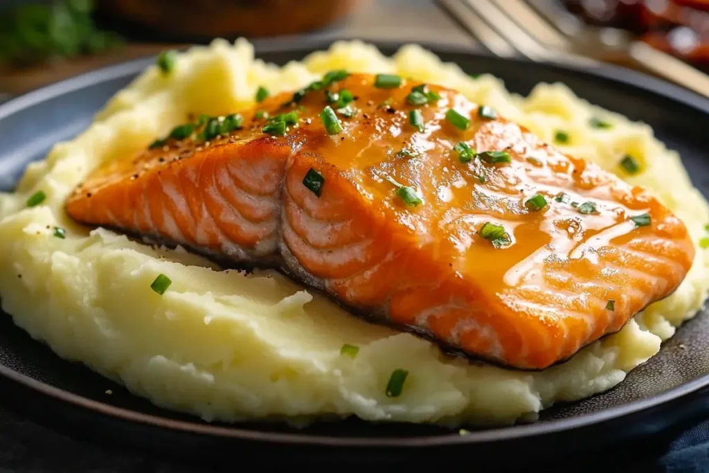 A perfectly plated dish of salmon and mashed potatoes garnished with fresh herbs and a wedge of lemon, served on a white plate.