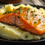 A perfectly plated dish of salmon and mashed potatoes garnished with fresh herbs and a wedge of lemon, served on a white plate.