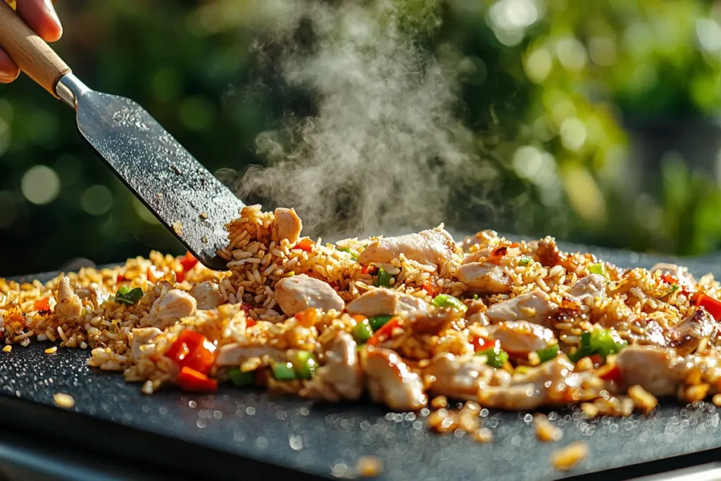 Chicken fried rice being cooked on a Blackstone griddle