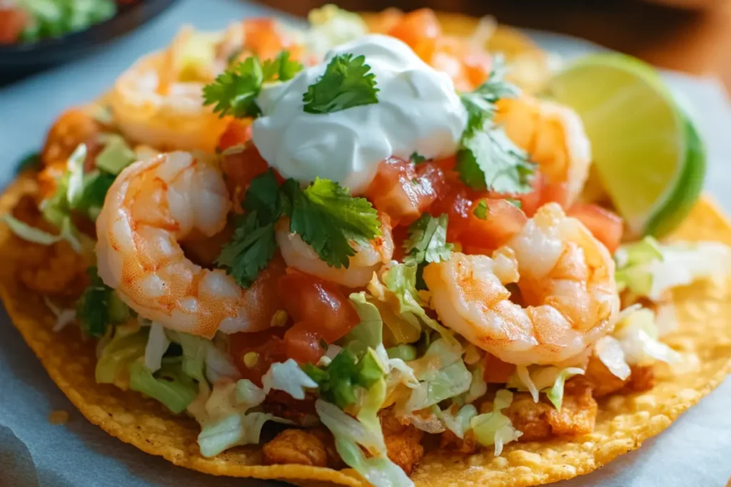 Shrimp tostadas topped with fresh shrimp, lettuce, diced tomatoes, sour cream, cilantro, and a lime wedge on a crispy tortilla.