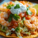 Shrimp tostadas topped with fresh shrimp, lettuce, diced tomatoes, sour cream, cilantro, and a lime wedge on a crispy tortilla.