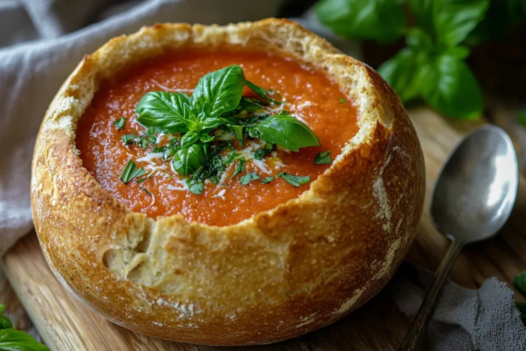 A sourdough bread bowl filled with creamy tomato basil soup, garnished with basil leaves.