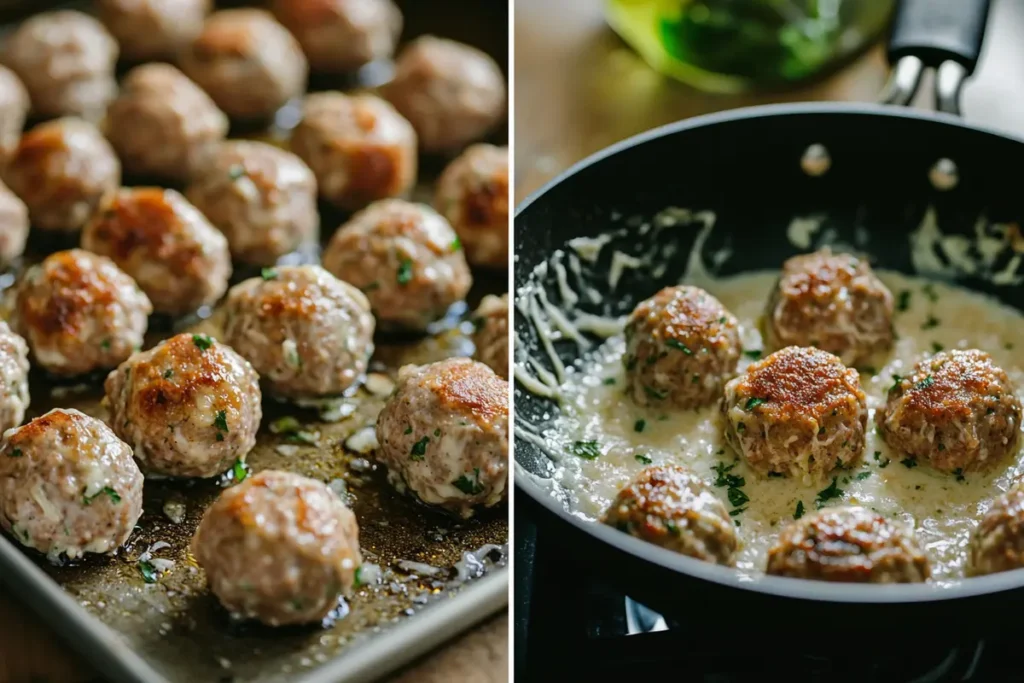 Steps of forming and cooking meatballs, from rolling to baking and simmering in sauce
