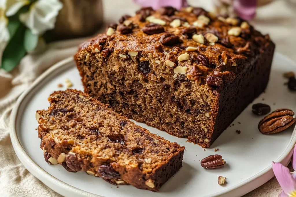 Best date nut bread recipe – homemade moist loaf with walnuts on a wooden board