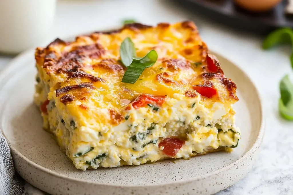 baked cottage cheese eggs in a white baking dish