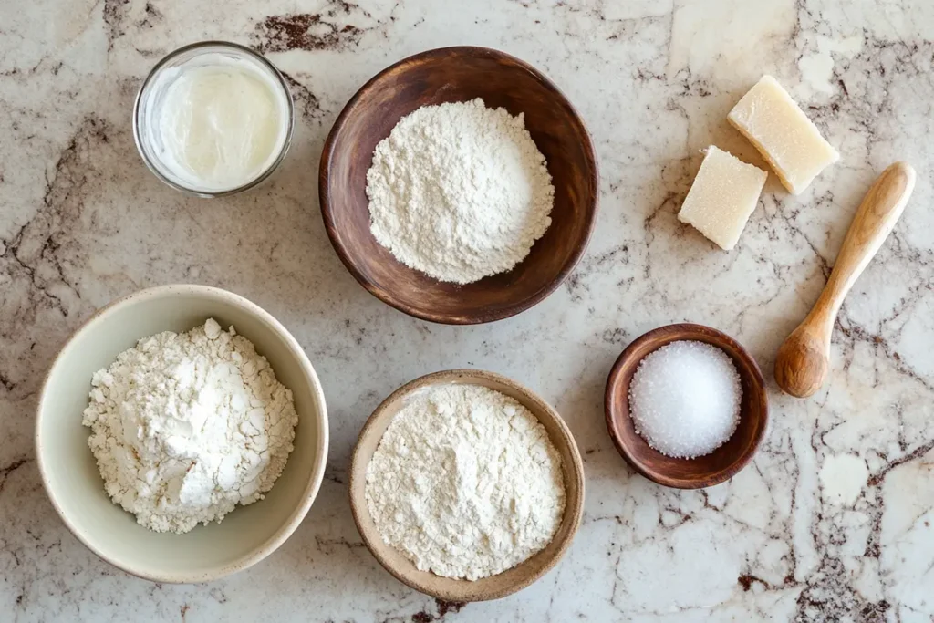 Cuban Bread Recipe: Basic Ingredients, including flour, yeast, water, lard, sugar, and salt.