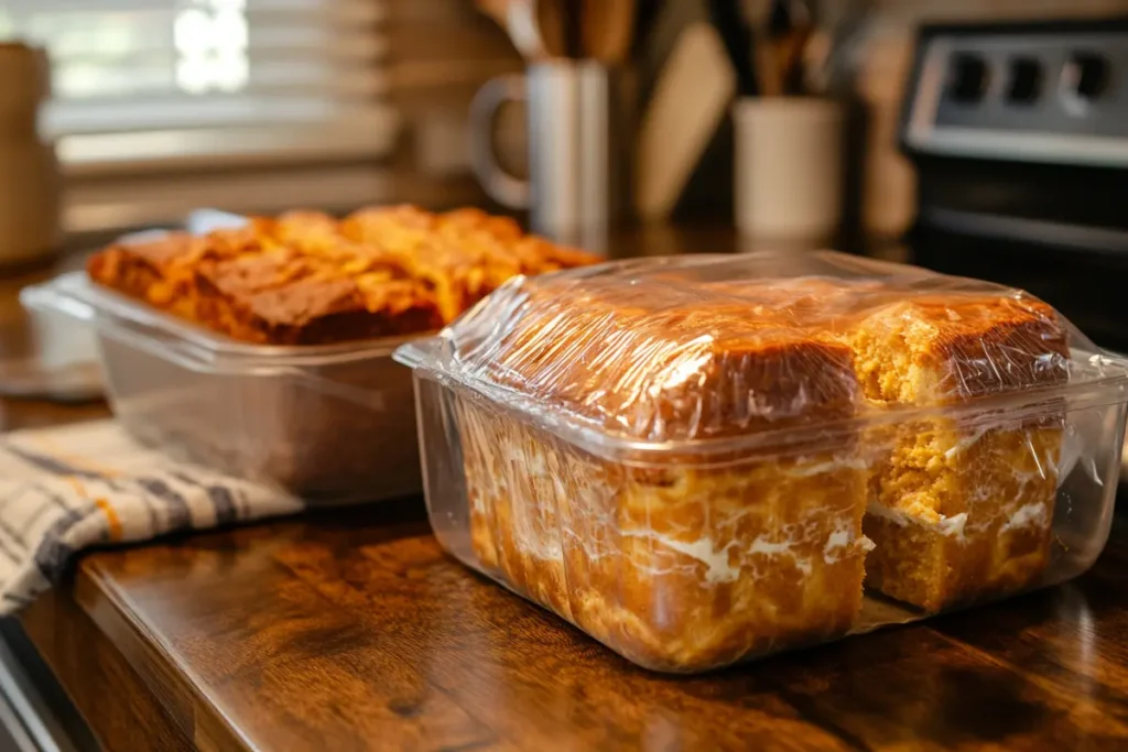 Pumpkin cream cheese bread stored in an airtight container and wrapped in plastic for freshness.