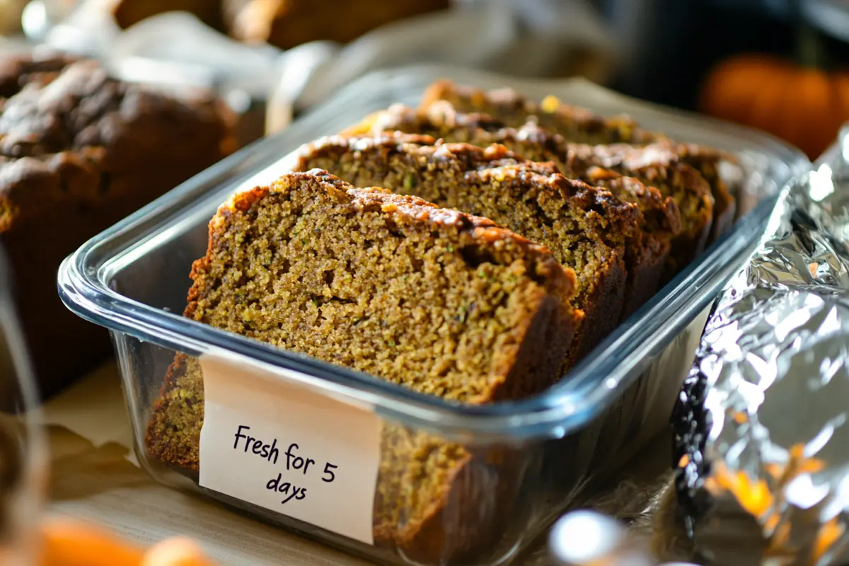 Pumpkin zucchini bread stored properly in a container