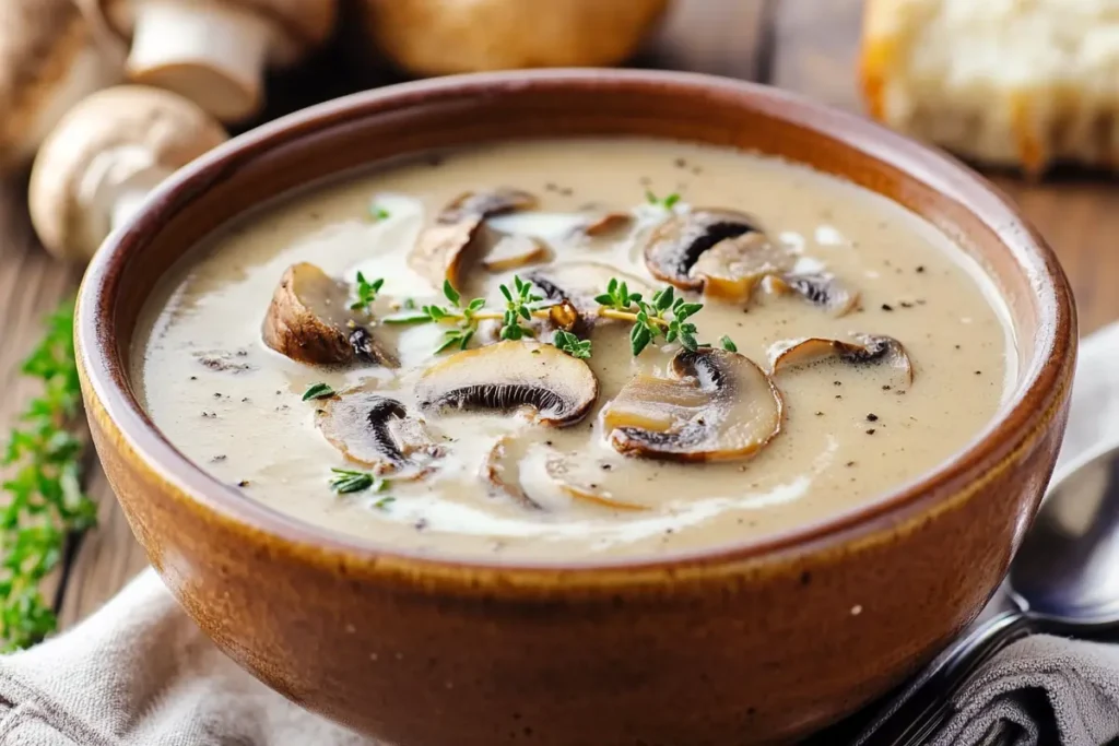 A bowl of creamy mushroom bisque garnished with fresh thyme and sautéed mushrooms.