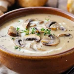 A bowl of creamy mushroom bisque garnished with fresh thyme and sautéed mushrooms.