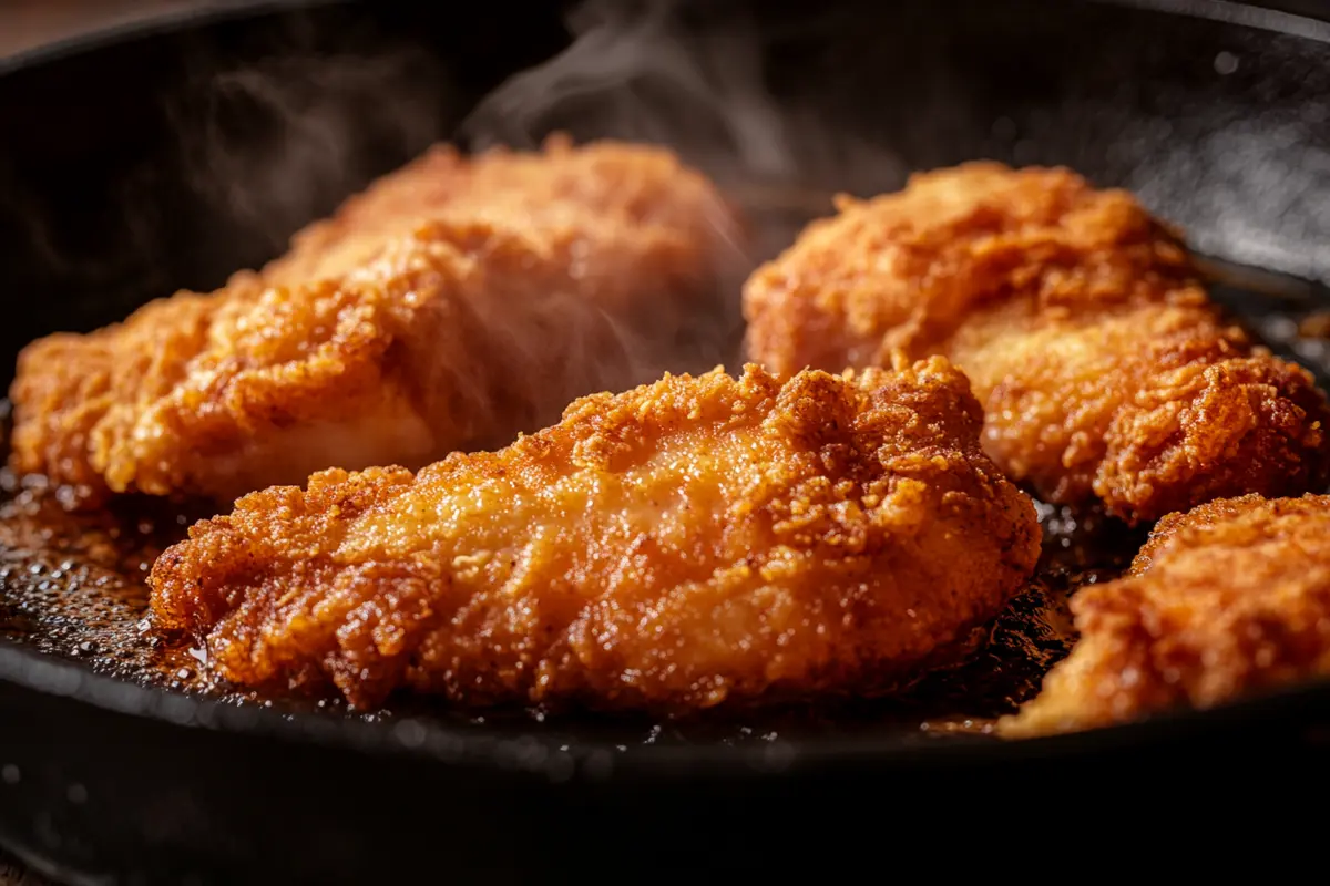 Crispy fried chicken fillets cooking in a skillet for a honey butter chicken biscuit