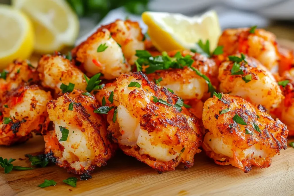 Crispy golden lobster bites garnished with fresh parsley and served with lemon wedges.