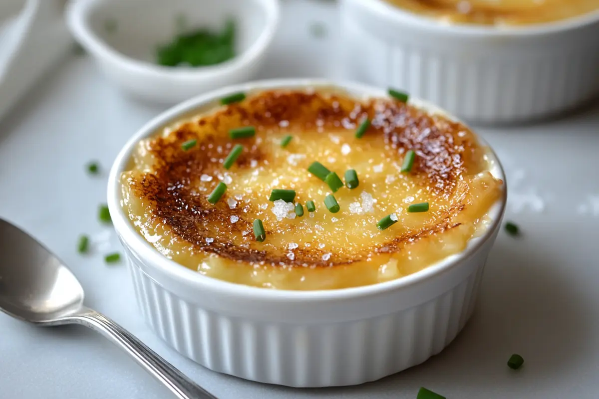 A beautifully plated Crab Brulee in a white ramekin with a golden caramelized sugar crust, garnished with chives, on a table.