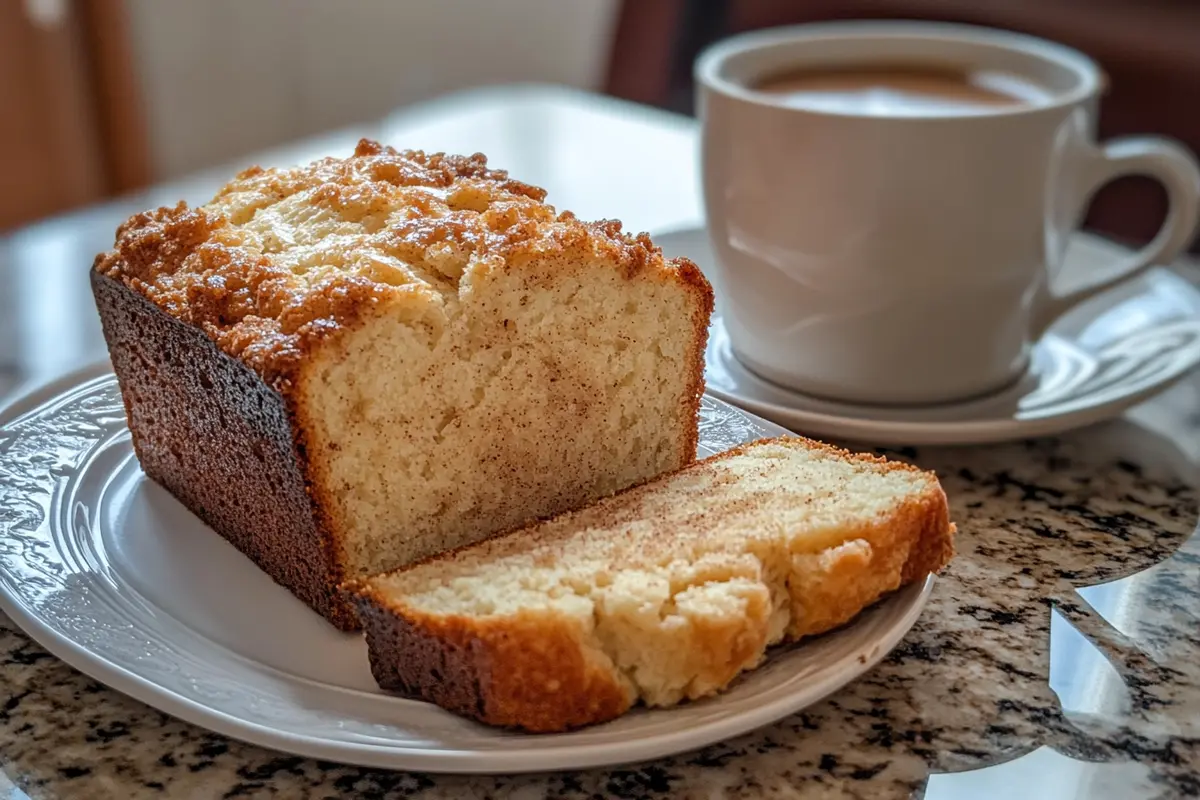 A slice of Amish Cinnamon Bread served with coffee