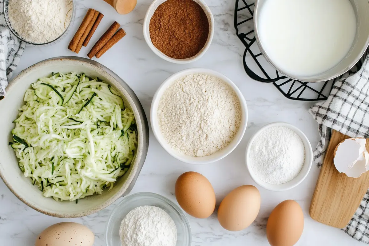 Ingredients for gluten-free zucchini bread laid out on a kitchen counter.