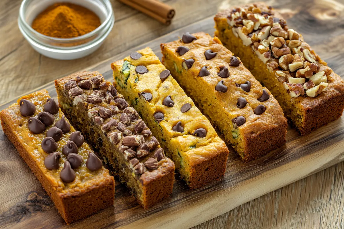 Different variations of pumpkin zucchini bread with chocolate and nuts