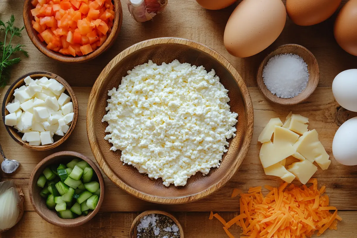 Ingredients for baked cottage cheese eggs arranged on a wooden counter.