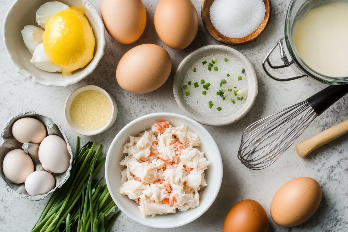 A top-down view of fresh ingredients for Crab Brulee, including lump crab meat, eggs, heavy cream, granulated sugar, shallots, garlic, lemon zest, and chives, arranged on a rustic wooden