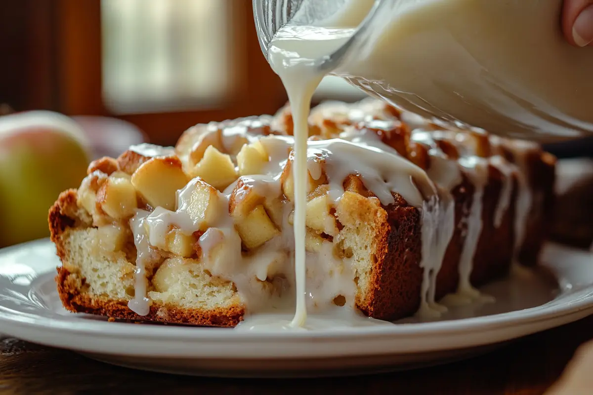  Pouring glaze over apple fritter bread