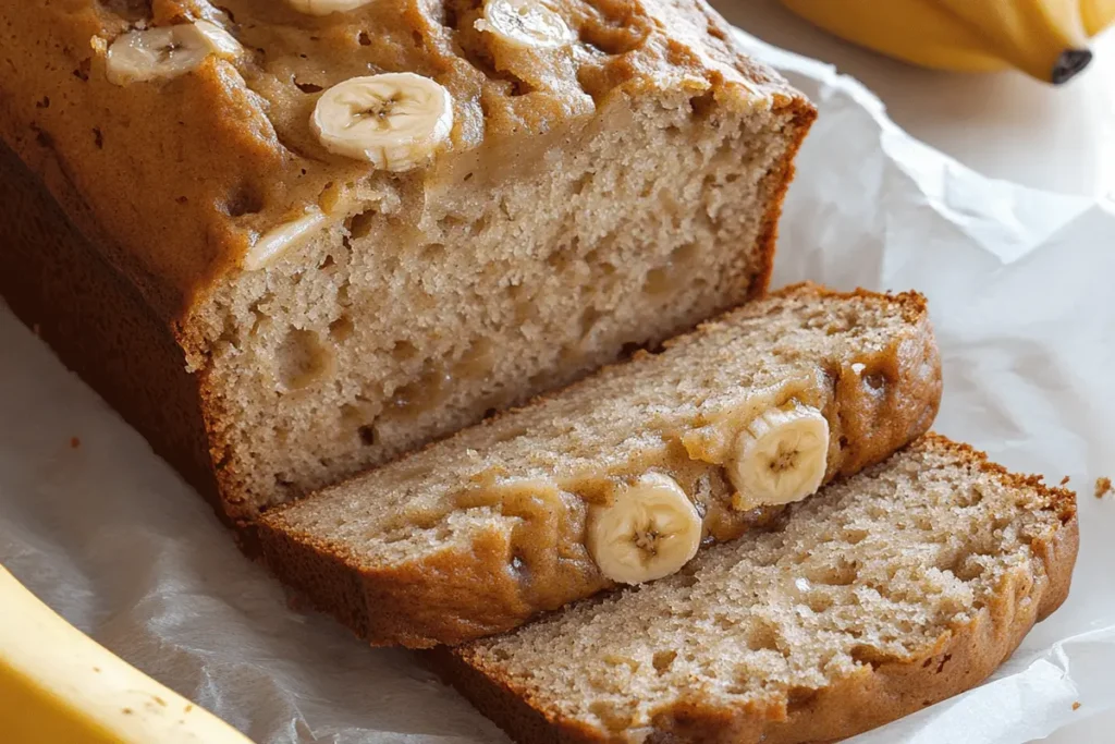 Close-up of a freshly baked banana bread loaf with slices showing its soft and moist texture, topped with banana slices. Overripe bananas are visible in the background.