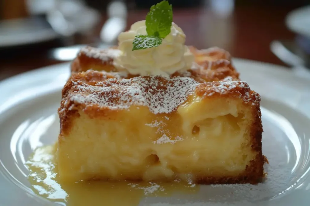 A slice of golden brown bread pudding topped with whipped cream, a mint leaf, and powdered sugar, served on a white plate with a drizzle of sauce.