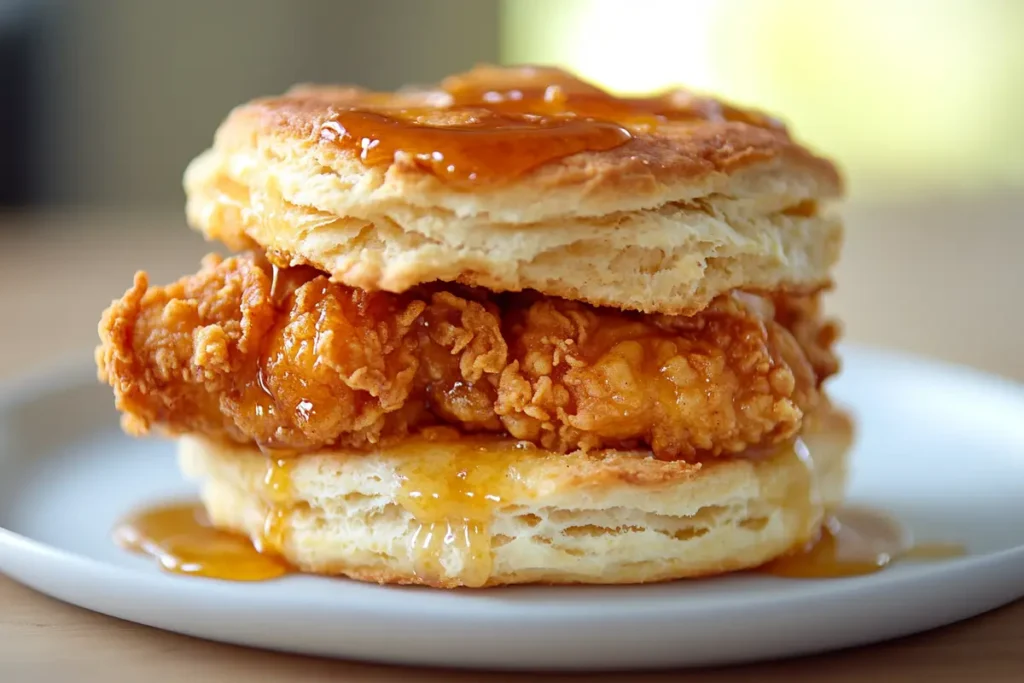 Delicious honey butter chicken biscuit with crispy chicken and drizzling honey butter