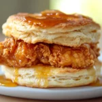 Delicious honey butter chicken biscuit with crispy chicken and drizzling honey butter