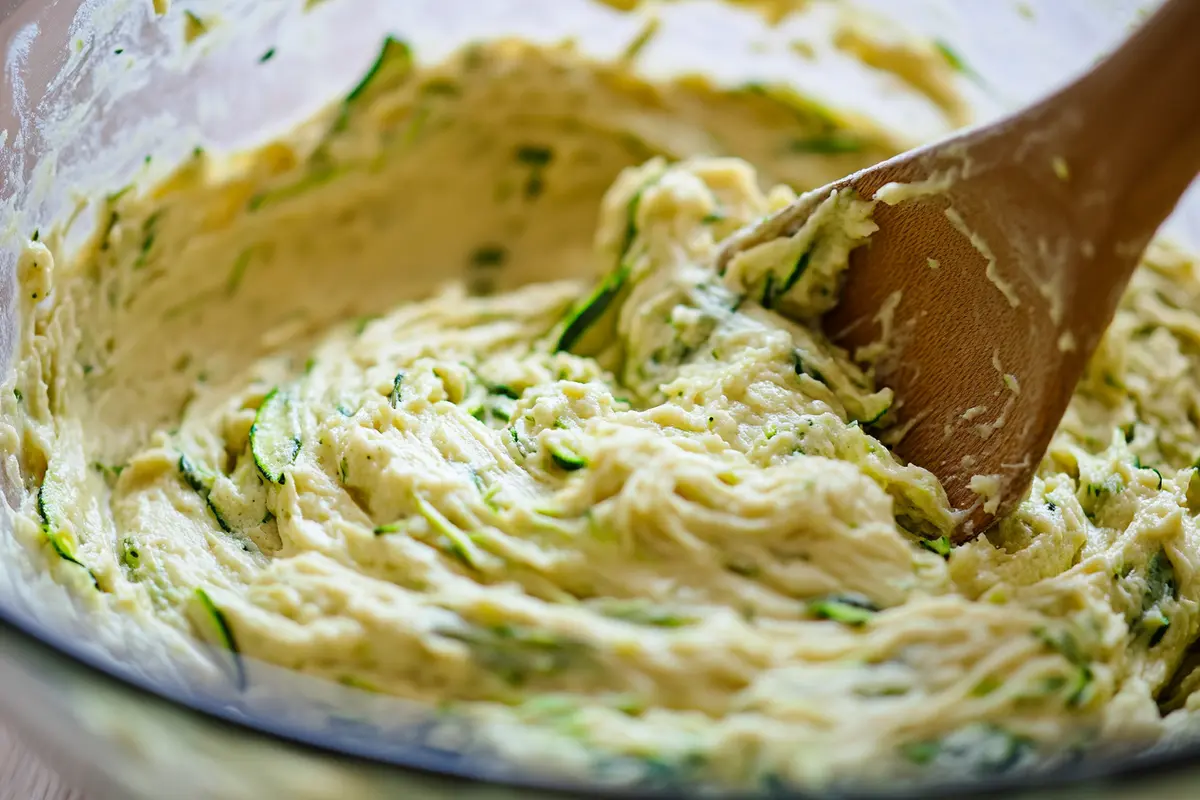 Mixing gluten-free zucchini bread batter in a bowl.