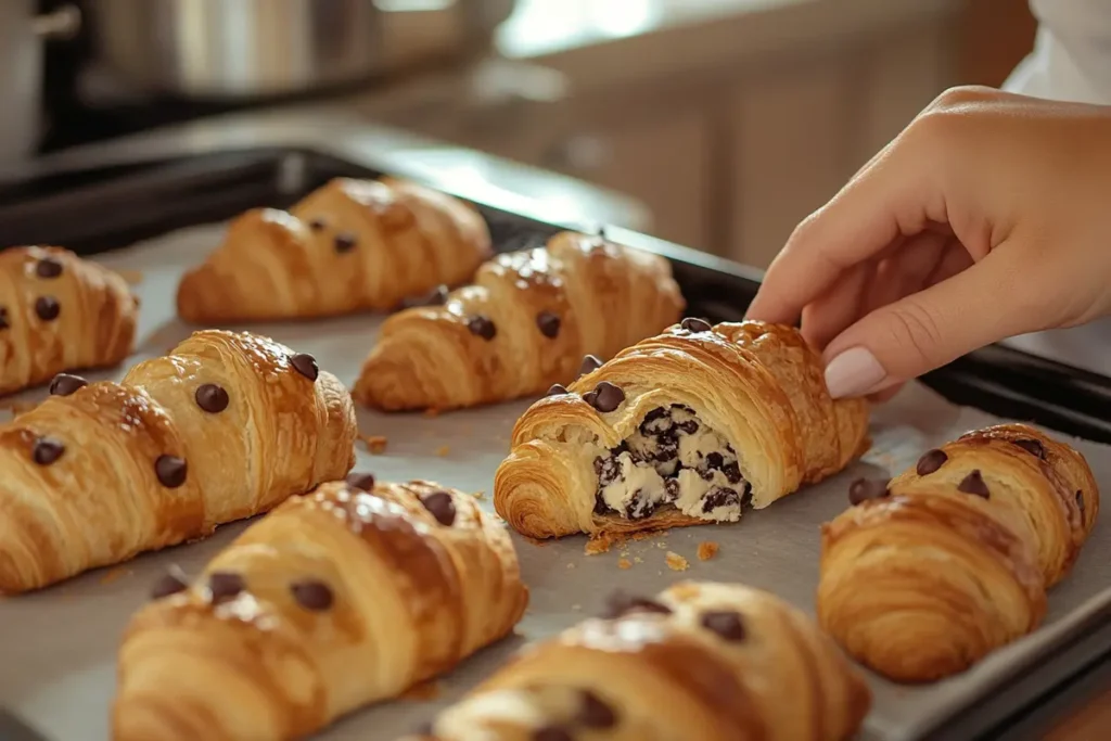 Step-by-step images of stuffing a croissant with cookie dough