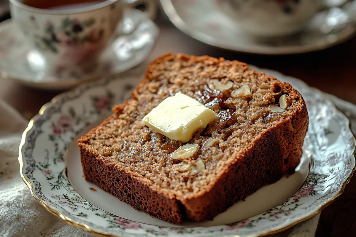 A slice of date nut bread with melting butter and tea