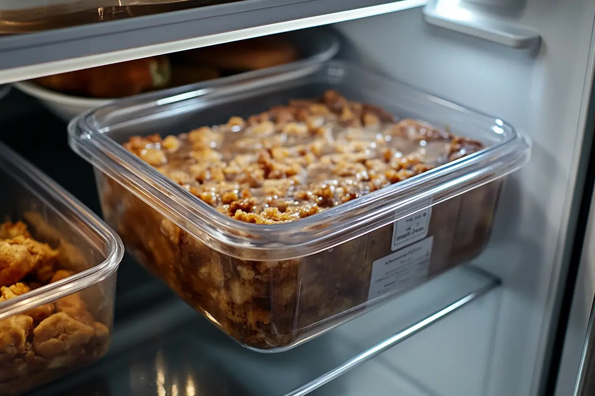 Stored bread pudding in an airtight container inside a refrigerator