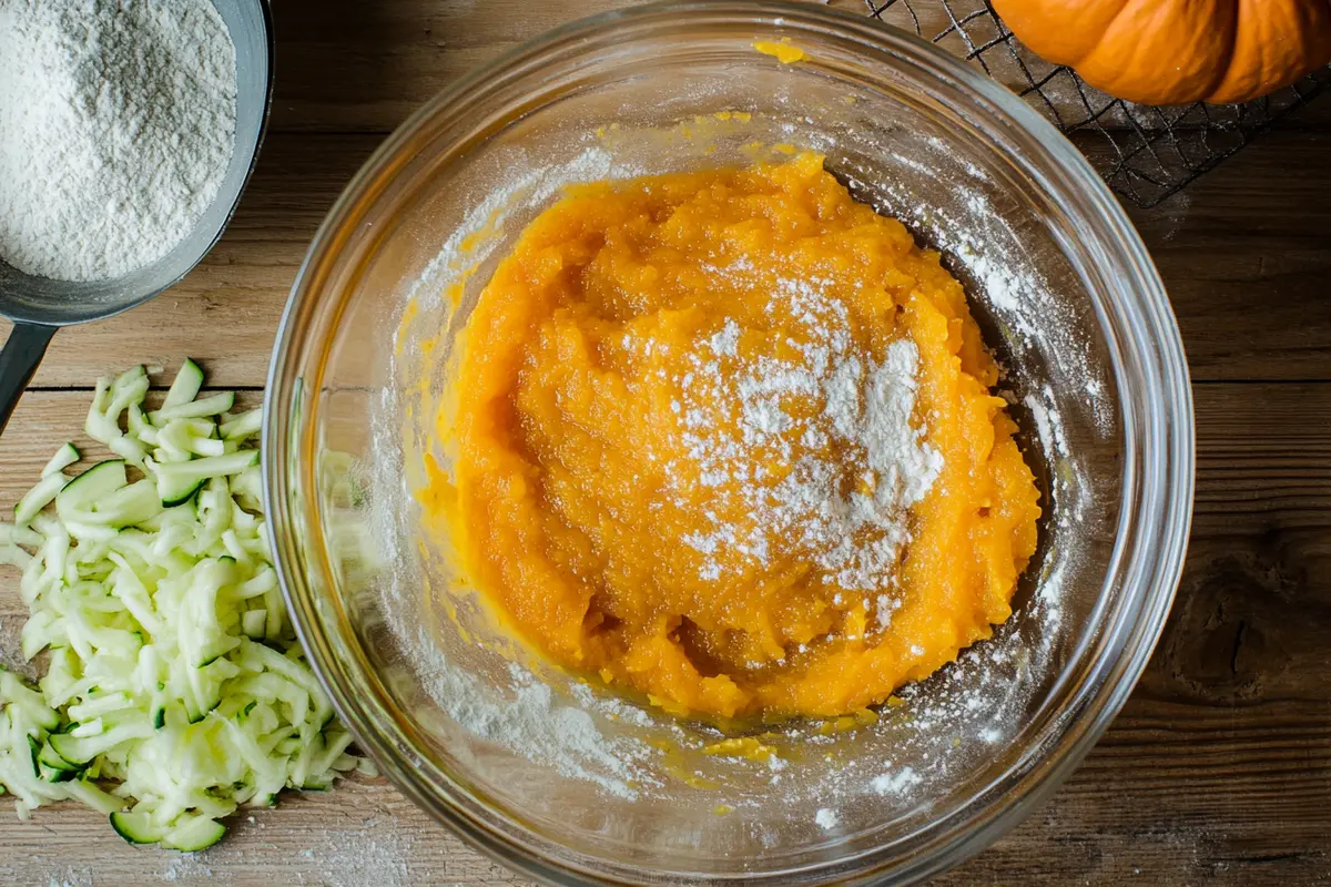  Ingredients for pumpkin zucchini bread being mixed