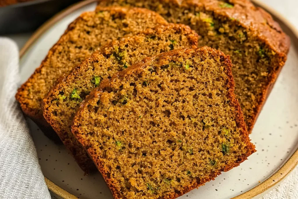 Freshly baked gluten-free zucchini bread on a wooden board