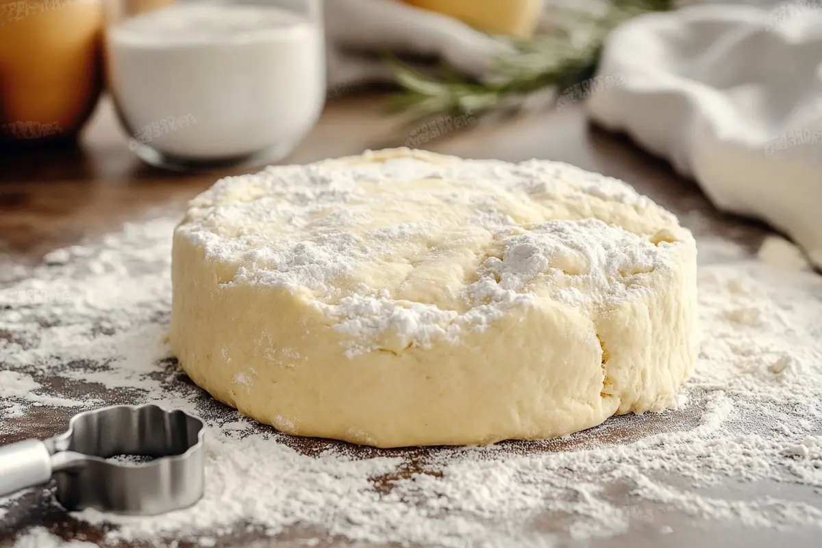 Soft biscuit dough being cut into perfect rounds for buttermilk biscuits