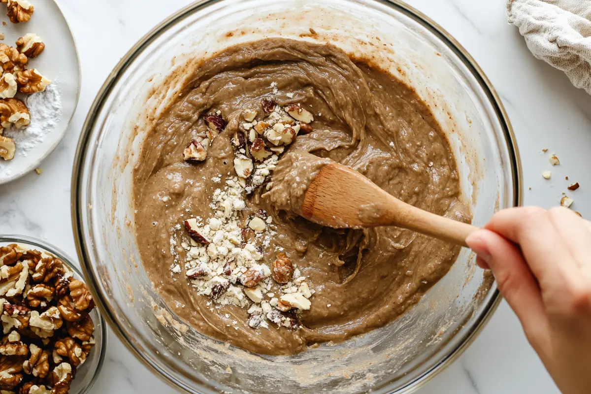 Mixing date nut bread batter in a glass bowl