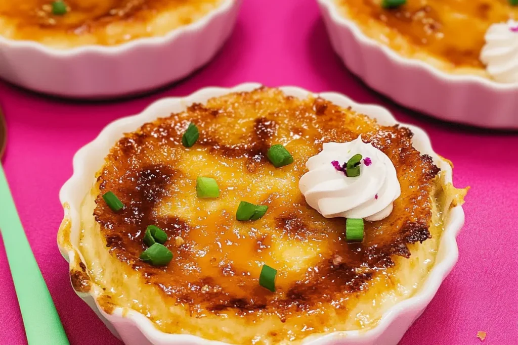 A golden caramelized crab brulee topped with fresh chopped chives and a swirl of whipped cream, served in a white ramekin on a pink background.