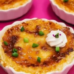 A golden caramelized crab brulee topped with fresh chopped chives and a swirl of whipped cream, served in a white ramekin on a pink background.