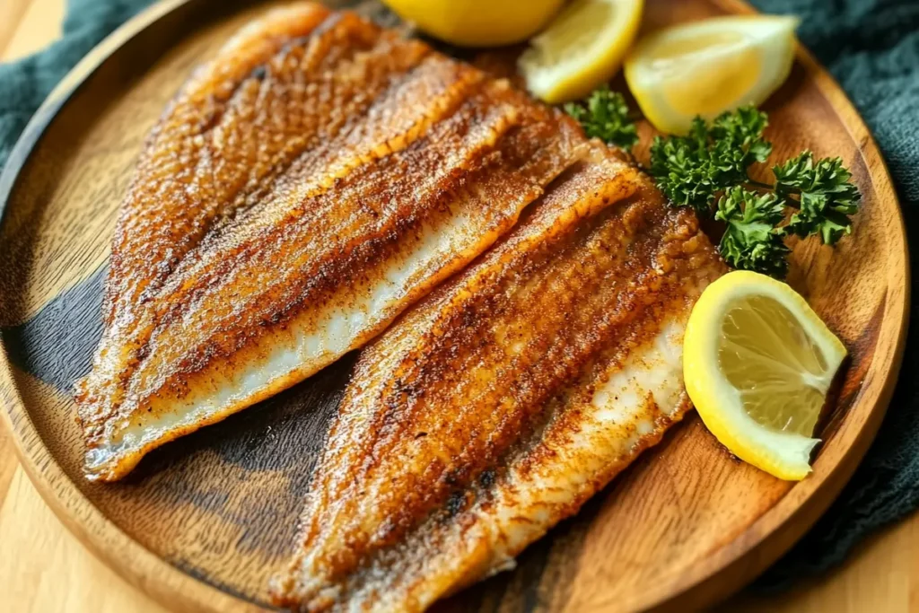 Smoked mullet fillets with lemon wedges and fresh parsley on a wooden plate.