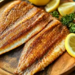 Smoked mullet fillets with lemon wedges and fresh parsley on a wooden plate.