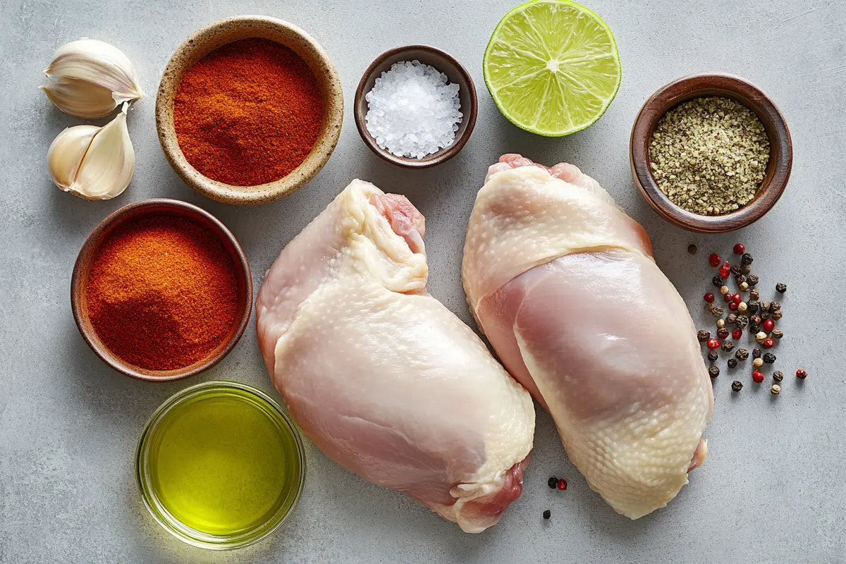 Fresh ingredients for Southwest-style seasoned chicken, including raw chicken breasts, spices, olive oil, and lime on a surface.