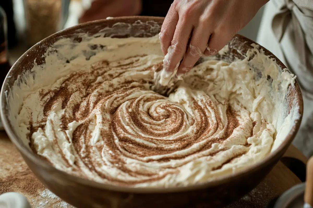 Mixing cinnamon sugar into Amish Cinnamon Bread batter