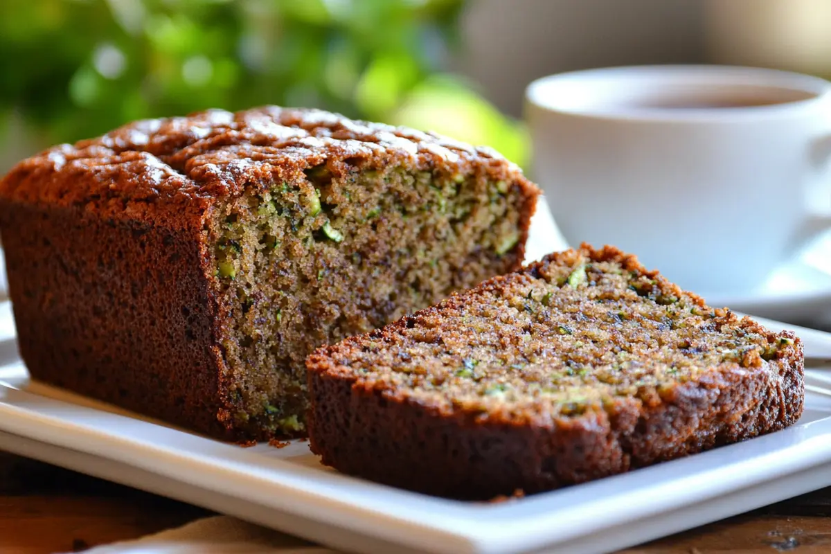 A slice of gluten-free zucchini bread served with coffee.